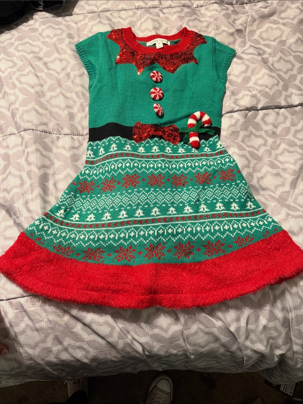 Girls' Green and Red Holiday Knit Dress with Candy Bow
